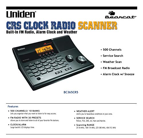 UNIDEN BC365CRS 500 CHANNEL SCANNER AND ALARM CLOCK SNOOZE FM RADIO - BLACK - Like New