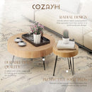 COZAYH 2 Piece Round Nesting Coffee Table Natural Wood Top, Black Legs - Brand New
