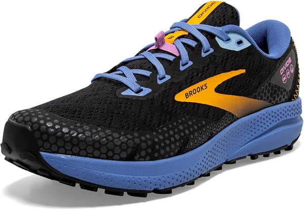 BROOKS WOMEN’S DIVIDE 3 TRAIL RUNNING SHOE SIZE 7.5 BLACK/BLUE/YELLOW - Like New