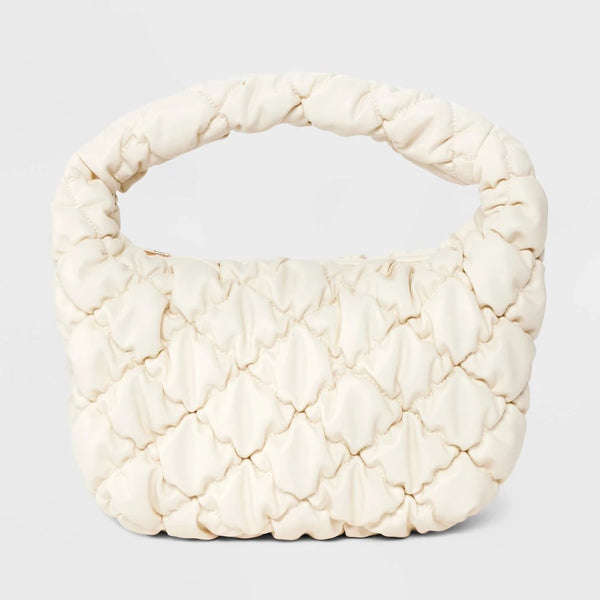 Bubble Quilted Clutch Handbag - A New Day Cream: Zip Closure, Single Handle - Brand New