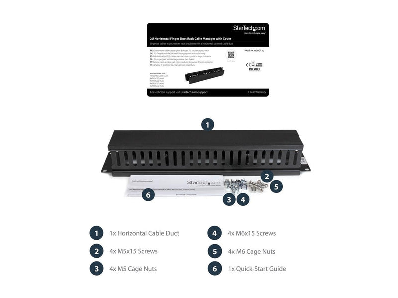 StarTech.com 2U Horizontal Finger Duct Rack Cable Management Panel with Cover