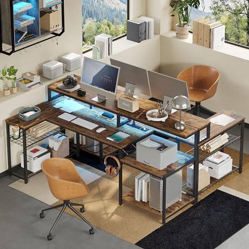 Bestier 71.5 inch Computer Desk with Power Outlets, L Shaped LED Home Office - Like New