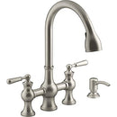 KOHLER CAPILANO 2-HANDLE BRIDGE FAUCET WITH SOAP DISPENSER - SILVER - Like New