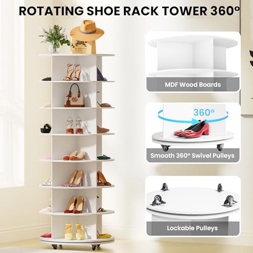 GUJIAM 7 Tier 66.9in Spinning Shoe Rack Tower 360 with Wheels - White - Like New