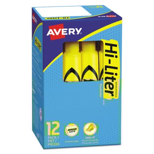 AVERY HI-LITER DESK-STYLE HIGHLIGHTERS CHISEL TIP DOZEN - YELLOW/BLACK - Brand New