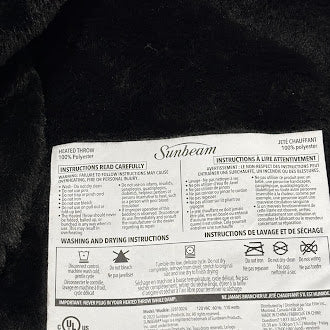 SUNBEAM ELECTRIC THROW BLANKET 50”X60” - BLACK - Like New