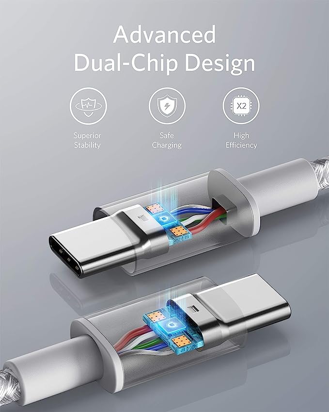 Anker New Nylon USB C to USB C Cable 100W Fast Charge Heavy Duty 10ft - Silver - Brand New