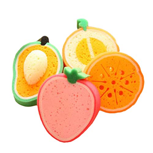 ROSE 4PCS FUN BATH SPONGES SCRUBBER, Tofu,Yellow,Green,Mango C9310 - Brand New