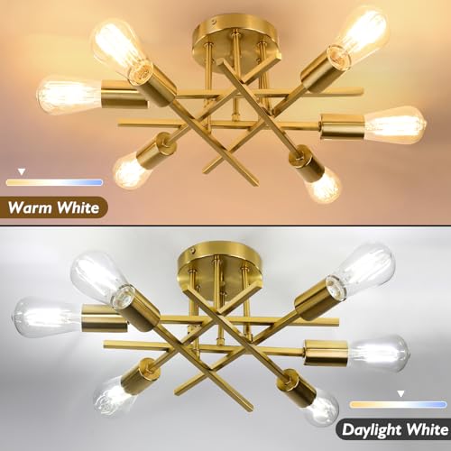 TOBUSA 6-Light Gold Semi Flush Mount Light Fixture, Modern Industrial Brushed - Like New