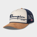 CHAMPION ADULT TRAVIS FAUX SUEDE AND CORDUROY BASEBALL HAT - BROWN/NAVY/WHITE - Brand New