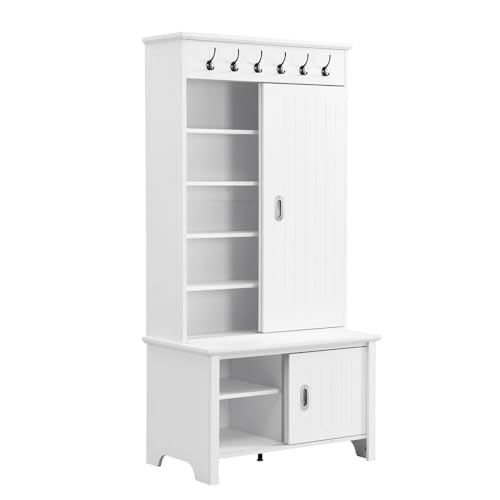 SPOFLYINN MODERN HALL TREE WITH SLIDING DOORS STORAGE CABINET WITH BENCH - WHITE - Like New