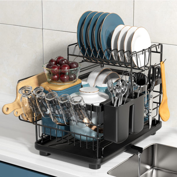 AONEE 2 TIER DISH DRYING RACK WITH DRAINBOARD, CUTLERY HOLDER - BLACK - Like New
