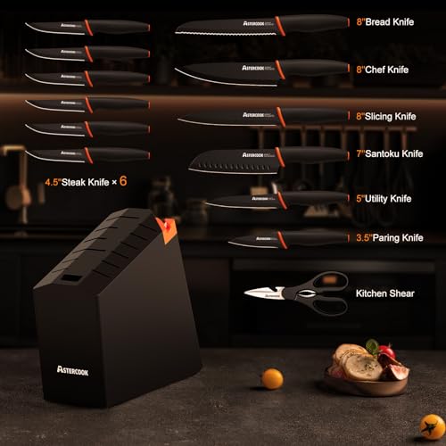 ASTERCOOK KITCHEN KNIFE SET WITH BUILT-IN SHARPENER, 15 PIECE, BLACK/ORANGE - Like New