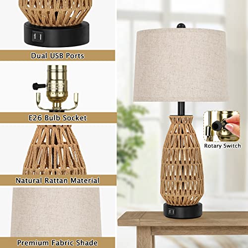 Set of 2 Rattan Table Lamps, 2 USB Ports, Woven Bedside, 26’’ Tall - Oatmeal - Brand New