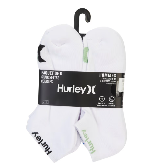 HURLEY MENS 6-PR. LOW CUT SOCKS - SIZE: MEN 10-13 - WHT/BRIGHT - Brand New