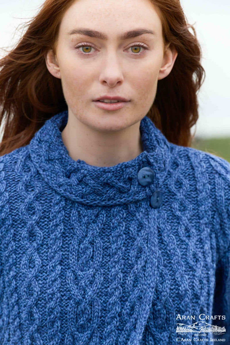 ARAN CRAFTS MERINO WOOL SWEATER CARDIGAN WITH BUTTON CLOSURE - SIZE: L - BLUE - Like New