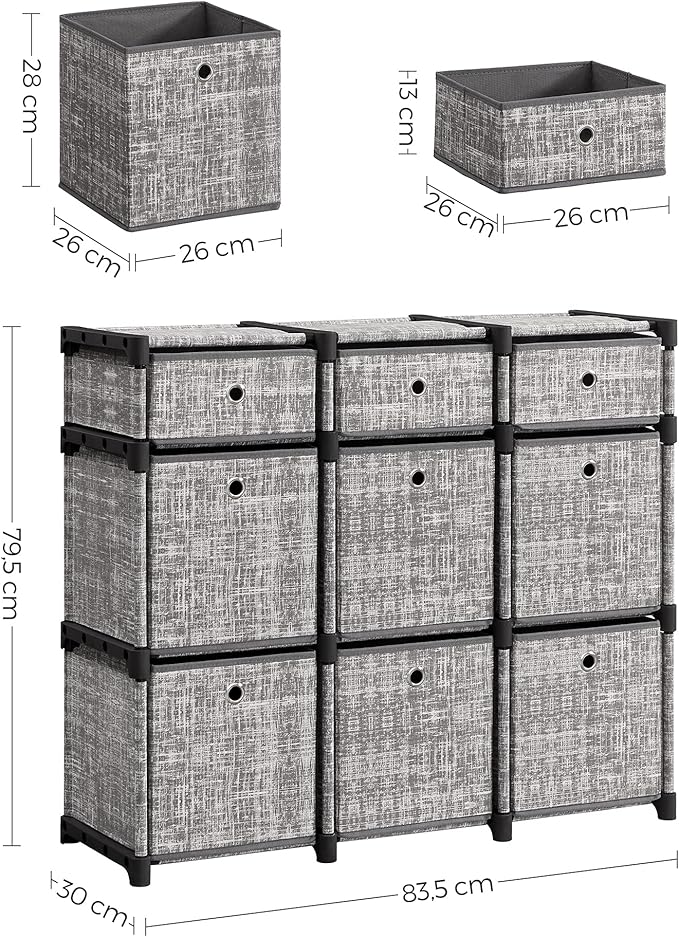 SONGMICS 9-CUBE DRAWER ORGANISER STORAGE UNIT 9 STORAGE BOXES - HEATHER GRAY - Like New