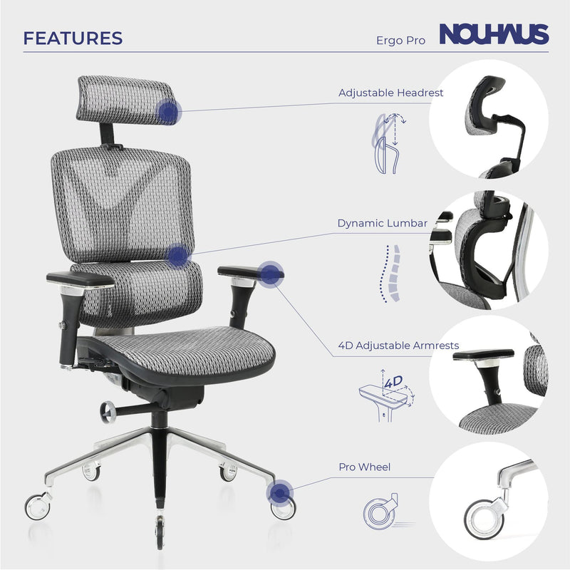 NOUHAUS ERGOPRO ERGONOMIC OFFICE CHAIR - SILVER - Like New