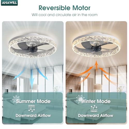 AHAWILL CRYSTAL CEILING FANS WITH LIGHTS, 19.7" FLUSH MOUNT CEILING FAN - WHITE - Like New