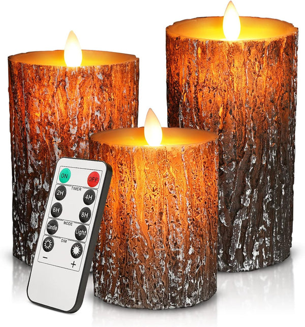 JOSU LED Flameless LED Candles, Remote, 4" 5" 6" (Set of 3) - Pine Bark Effect - Like New