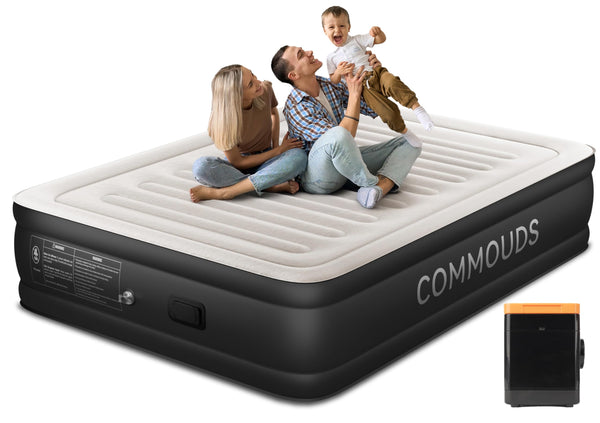 COMMOUDS QUEEN AIR MATTRESS WITH 2000MAH, 18" RAISED, C-AM-QUEEN-8 - BLACK/WHITE - Like New