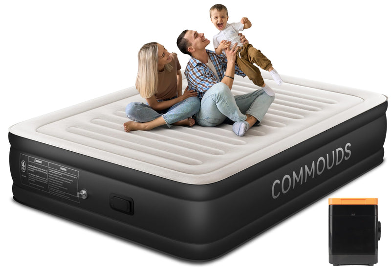 COMMOUDS QUEEN AIR MATTRESS WITH 2000MAH, 18" RAISED, C-AM-QUEEN-8 - BLACK/WHITE - Like New