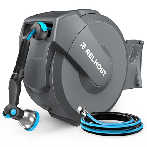 RELHOST RETRACTABLE GARDEN HOSE REEL 120 FT X 1/2 IN, HEAVY DUTY - DARK GRAY - Like New