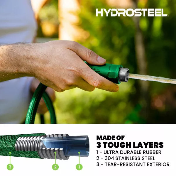 HYRDOSTEEL HEAVY DUTY ULTRA PERFORMANCE STEEL GARDEN HOSE SIZE 50FT - GREEN - Brand New