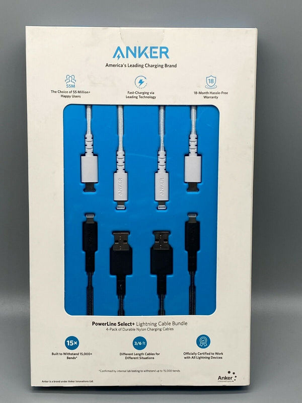 Anker PowerLine Select+ USB-A and C to Lightning Cable 4 Pack - Black/White Like New