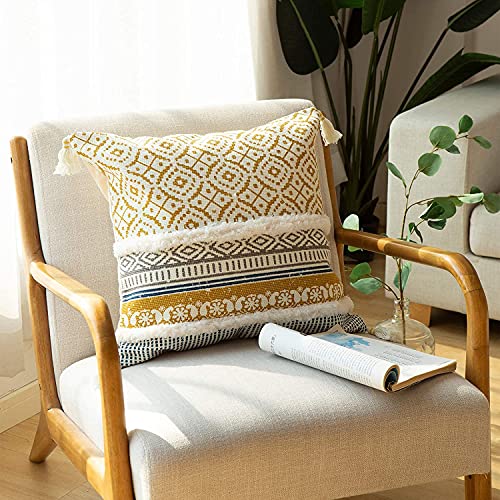 BLUE PAGE BOHO TUFTED DECORATIVE THROW PILLOW COVERS 22 X 22 INCHES - YELLOW - Like New