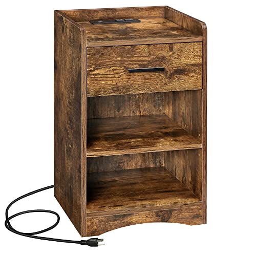 VASAGLE NIGHTSTAND CHARGING STATION BED RUSTIC BROWN LET611T01 - RUSTIC BROWN - Like New