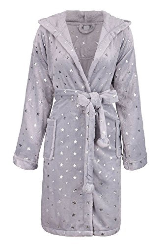 BURKLETT HOODED SOLID FLANNEL FLEECE BATHROBE WITH POCKETS - GRAY - Like New