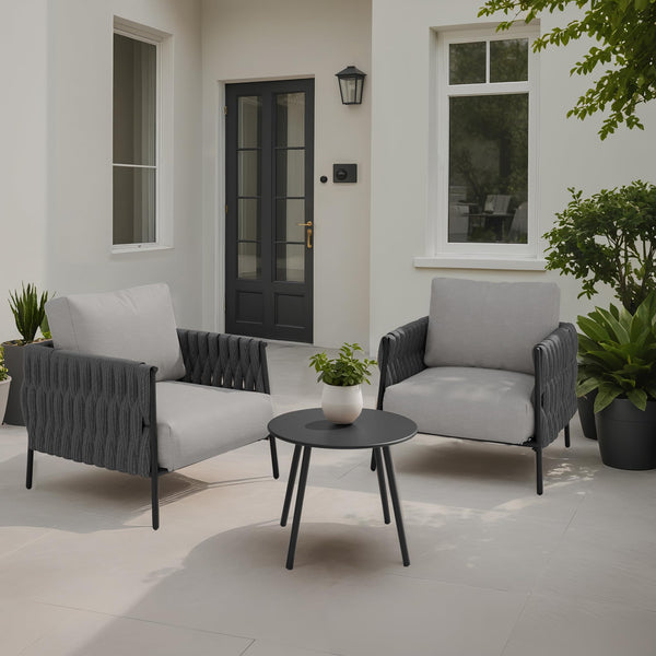 EAST OAK MODERN 3 PIECES PATIO CONVERSATION ARMCHAIRS COFFEE TABLE - BLACK&GRAY - Like New