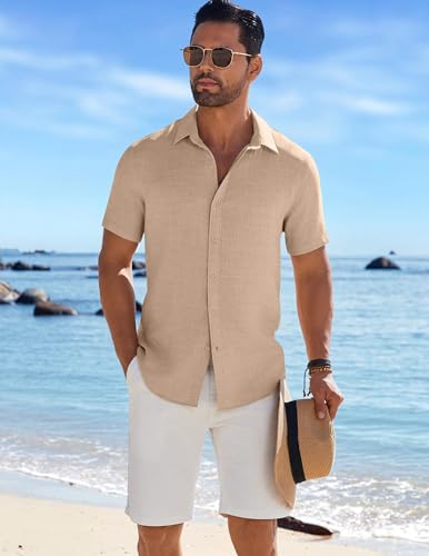 COOFANDY MEN'S CASUAL BUTTON DOWN SHIRTS SHORT SLEEVE SUMMER BEACH - M - KHAKI - Like New