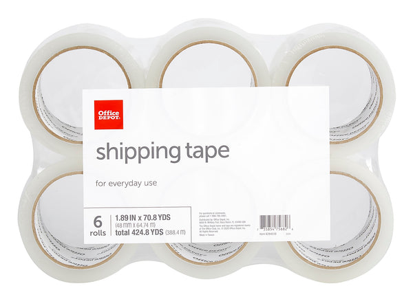 OFFICE DEPOT® BRAND SHIPPING PACKING TAPE 1.89" X 70.8 YD, CLEAR PACK OF 6 ROLLS - Brand New