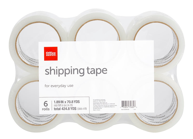 OFFICE DEPOT® BRAND SHIPPING PACKING TAPE 1.89" X 70.8 YD, CLEAR PACK OF 6 ROLLS - Brand New