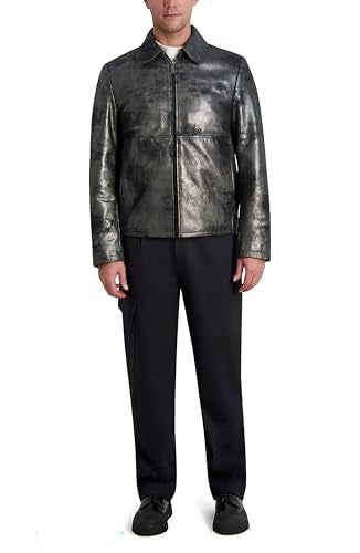 KARL LAGERFELD MENS SHIRT COLLAR SILVER LEATHER JACKET SIZE MEN LARGE BLACK - Brand New