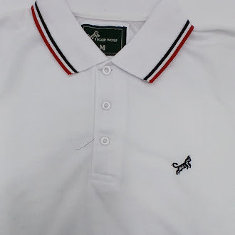 TIGER WOLF MEN'S THREE BUTTON POLO - SIZE: MEN M - WHITE/BLACK/RED - Like New
