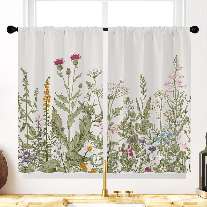 OPEODDIE GREEN BOTANICAL KITCHEN CURTAINS TREATMENT TIERS DRAPES 2 PANELS SET 36 - Like New