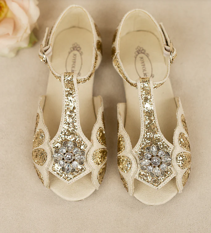 JOY FOLIE MARI FLOWER GIRL FLAT IN GOLD - SIZE: YOUTH 3 - Like New