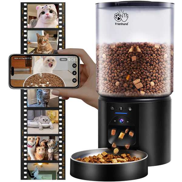 FRIENHUND AUTOMATIC CAT FEEDER WITH 2K HD CAMERA: 5G WIFI DOG FEEDER - BLACK - Like New