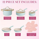 PARIS HILTON EPIC POTS PANS SET MULTI LAYER COATING TEMPERED GLASS LIDS, AQUA - Like New
