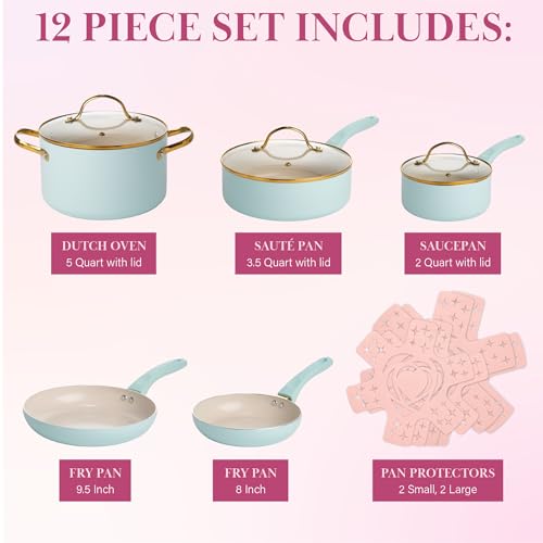 PARIS HILTON EPIC POTS PANS SET MULTI LAYER COATING TEMPERED GLASS LIDS, AQUA - Like New
