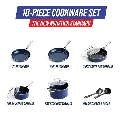 BLUE DIAMOND 10 PIECE COOKWARE SET DIAMOND INFUSED PFAS PFOA-FREE - BLUE - Like New