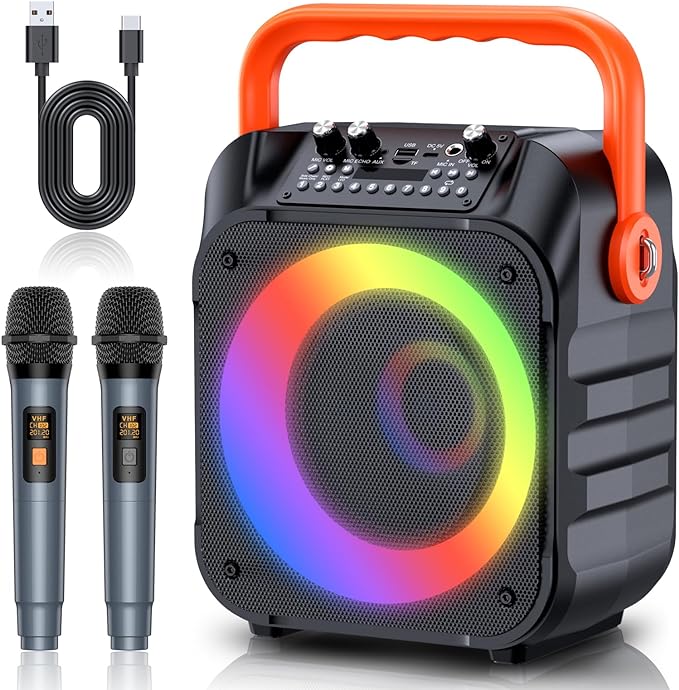 MOYLEAF Karaoke Machine Two Wireless Microphones LED Lights K9-M - Black/Orange Like New