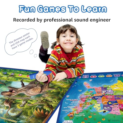 Bilingual Interactive for Kids Talking USA Map Dinosaur Poster for Kids Learning - Like New