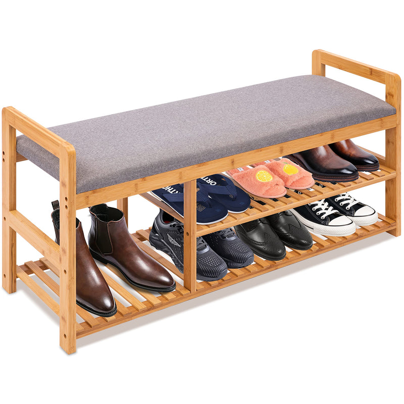 SereneLife 2 in 1 Bamboo Shoe Rack Bench with Storage and Cushion Seat Like New