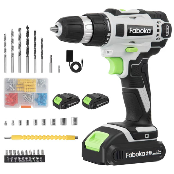 FABOKA 21V CORDLESS DRILL SET POWER DRILLS KIT 2X 2.0AH BATTERY - Scratch & Dent