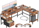 FUROLOGEE 66” L SHAPED DESK POWER OUTLET REVERSIBLE GAMING DESK - RUSTIC BROWN - Like New