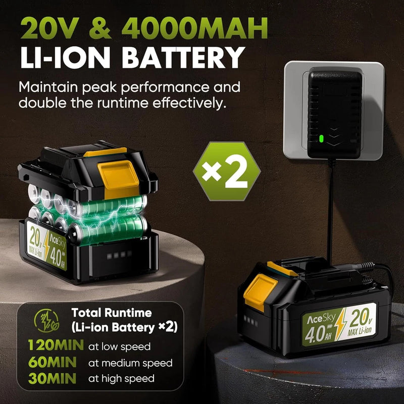 ACESKY LEAF BLOWER CORDLESS 580CFM/160MPH & 3 SPEED BATTERY/ CHARGER - GREEN - Like New